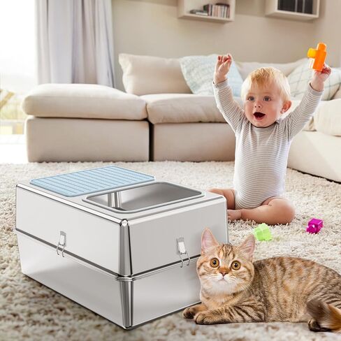 Stainless steel cat litter box - Enclosed large cat litter box, suitable for large cat, Top Entry Cat Litter Box with lid, easy to clean, odorless, non-stick, metal cat litter box in Saudi Arabia