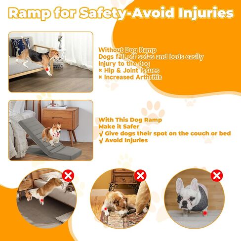 HOMBYS Soft Dog Ramp for Bed, Adjustable 7"-20" Foldable Dog Ramp for Couch, Sofa & Car, No Need to Install Portable Ramp for Small & Medium, Soft PU Fabric Do Not Hurt Pets, Up to 170 LBS in Kuwait
