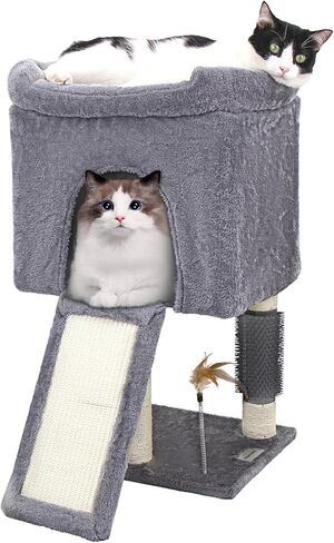 Small Cat Tree Tower - Ideal for Indoor Cats, Featuring Large Cat Condo, Cozy Perch, Self-Groomer, Interactive Feather & Ball - Great for Kittens and Adult Cats 26.8" (Light Gray) in Saudi Arabia