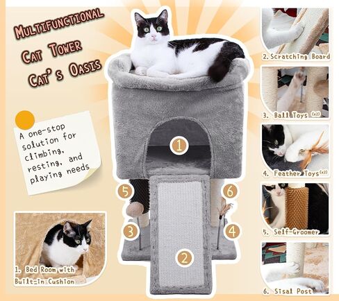 Small Cat Tree Tower - Ideal for Indoor Cats, Featuring Large Cat Condo, Cozy Perch, Self-Groomer, Interactive Feather & Ball - Great for Kittens and Adult Cats 26.8" (Light Gray) in Saudi Arabia