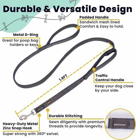 Dog Leash Two Handles, with Sandwich Mesh-Lined Webbing Traffic Padded, 6ft Long for Control Safety Training for Large Dogs Pull, Dual Handles Leads (Black/Grey, 1'' X 6ft.) in Saudi Arabia