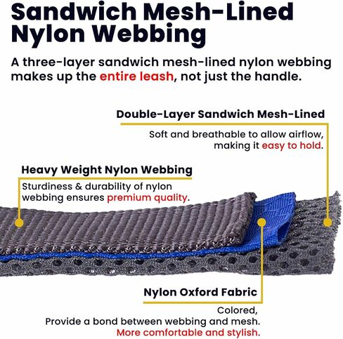 Dog Leash Two Handles, with Sandwich Mesh-Lined Webbing Traffic Padded, 6ft Long for Control Safety Training for Large Dogs Pull, Dual Handles Leads (Black/Grey, 1'' X 6ft.) in Saudi Arabia