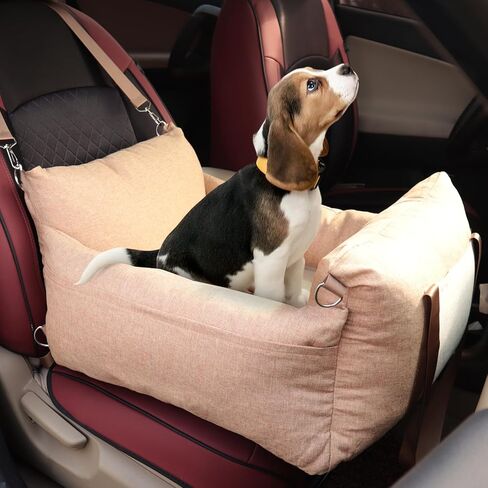 Dog Car Seat for Small Medium Dogs, Washable Dog Booster Seats with Detachable Cover and Storage Pockets, Portable Travel Dog Bed for Car Rides on Front/Back Seat - Brown & Beige in Kuwait