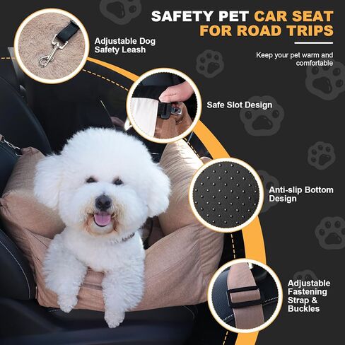 Dog Car Seat for Small Medium Dogs, Washable Dog Booster Seats with Detachable Cover and Storage Pockets, Portable Travel Dog Bed for Car Rides on Front/Back Seat - Brown & Beige in Kuwait