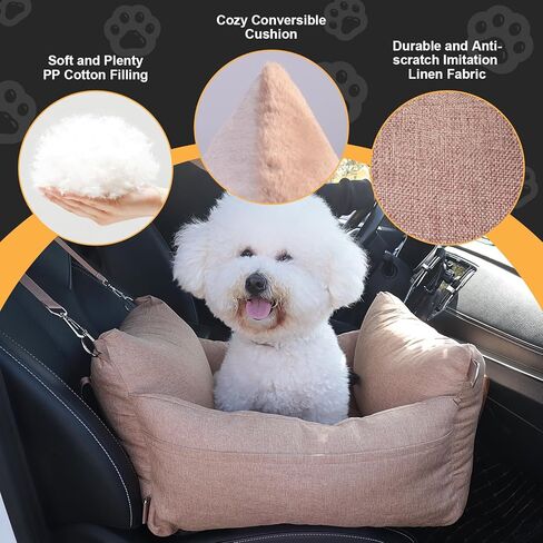 Dog Car Seat for Small Medium Dogs, Washable Dog Booster Seats with Detachable Cover and Storage Pockets, Portable Travel Dog Bed for Car Rides on Front/Back Seat - Brown & Beige in Kuwait