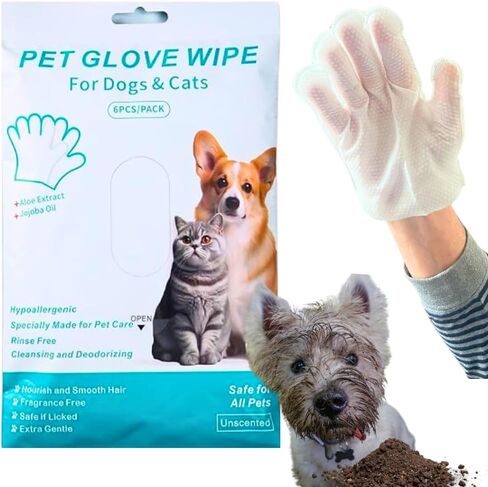 Portable Disposable Pet Cleaning Gloves with Aloe Extract and Jojoba Oil - Hypoallergenic, Unscented, Gentle Cleaning and Deodorizing, Nourishes and Smooths Hair, Safe for Dogs in Kuwait