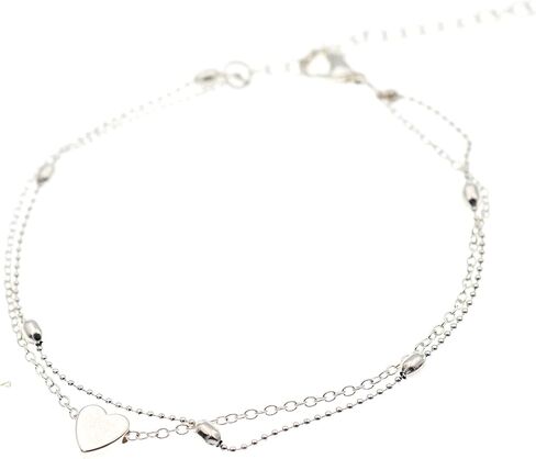 Silver Plated Ankle Bracelet, Adjustable Double-Chain Layered Beaded Heart Charm Anklet for Women, Cute Love Summer Beach Leg Foot Jewelry, Boho Mom Friend Daughter Girlfriend Gift by HeartAttackOM in Kuwait
