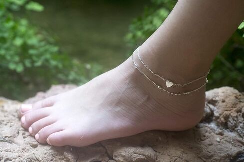 Silver Plated Ankle Bracelet, Adjustable Double-Chain Layered Beaded Heart Charm Anklet for Women, Cute Love Summer Beach Leg Foot Jewelry, Boho Mom Friend Daughter Girlfriend Gift by HeartAttackOM in Kuwait