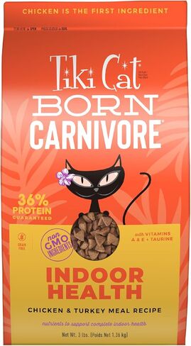 Tiki Cat Born Carnivore High Protein, Indoor Health, Chicken and Turkey Meal Recipe, Grain-Free Baked Kibble to Maximize Nutrients, Dry Cat Food, 3 lb. Bag in Saudi Arabia
