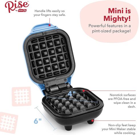 ماكينة صنع الوافل الصغيرة رايز باي داش سطح غير لاصق تُطهى في دقائق بسكويتات الوفل مقاس 4 بوصات (أزرق)، أزرق/أحمر in Kuwait