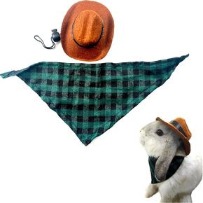 Cute Rabbit Cowboys Hat and Scarf Set, Funny Rabbits Pet Cowboy's Hat Scarf Outfits, Rabbits Dog Cat Pets Halloween Costume Hats Clothes Bunny Stuff Gifts Supplies Accessories (Coffee-Green Grid)