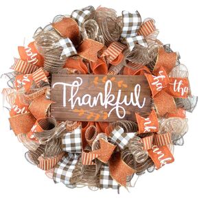 Thankful Wreath, Wreath for Fall, Autumn Wreaths for Front Door, Thanksgiving Deco Mesh Decor; Brown Orange Burlap White