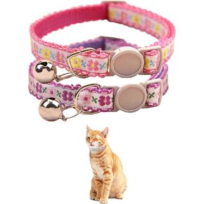 Cute Flower Embroidery Breakaway Kitten Collar with Bells,Cat Collars for Boy Cats and Girl Cats - Adjustable (6.7-12.2 inches) (Pale Red & Purple)