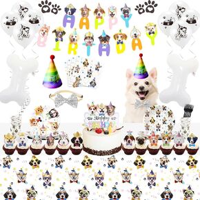 109pcs Dog Birthday Party Supplies，Includes Bandana, Party Hat, Bowtie, Disposable Tableware Set, Banner, Plates, Napkins, Cups & Tablecloth for Puppy Celebration Decorations