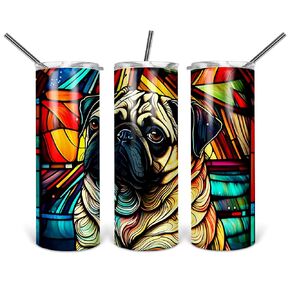 Fawn Pug Tumbler with Straw Lid Travel Drink Dog Pet Lover Gift 20oz Stainless Steel Skinny Cup Handmade by The Painted Pug (Fawn Pug Stained Glass)