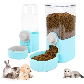 Cage Hanging Auto Gravity Food Water Dispenser, Automatic Pet Cat Rabbit Feeder Waterer Dispenser Set, Cage Food Bowl Water Bottle for Small Puppy Bunny Ferret Chinchilla Hamster Guinea Pig (Grey)