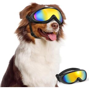 Dog Goggles Medium Large Breed, Dog Sunglasses with Adjustable Straps and Soft Sponge Pad, UV/Wind/Dust/Fog/Snow Dog Eye Protection Sunglasses for Outdoor Driving Riding, Black