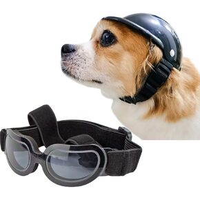 La La Pet® Pet Helmet with Dog Goggles Pet Doggie Cap Hat Dog Sunglasses Pet Eye Wear Cat UV Protection Sun Glasses for Puppy Dog Travel Skiing, Helmet M + Blue Goggles