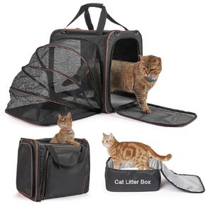 Cat Travel Carrier with Litter Box for Car, Expandable Cat Carrier with Leak-Proof Litter Box for Car Travel, up to 20 lb to Road Trip, Camping, or Hotel, Black