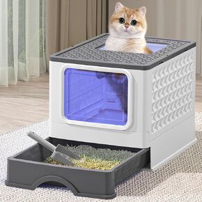 Foldable Cat Litter Box with UV, Enclosed Plastic Cat Litter Box with Handy Litter Scoop, Top Exit Anti-Splashing Cat Toilet, Drawer Type Cat Toilet (Light Gray)