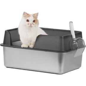Stainless Steel Cat Litter Box with Scoop, Large Litter Box with High Sided Walls, Durable Metal Kitty Litter Box with Enclosure, Odorless, No Leakage, Easy to Clean (Black)