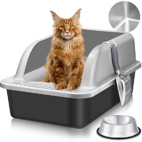 Stainless Steel Litter Box with Lid, 24'' x 16'' x 12'' Extra Large Cat Litter Box, XL Large Metal Litter Box for Big Cats with High Sided, Odor Control, with Metal Litter Scoop(Black Coated)