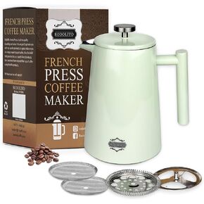 French Press Coffee and Tea Maker - Vacuum Insulated Premium Stainless Steel Coffee Press 34 Ounce - 1 Liter. Stylish Off White Cafetiere