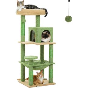 PETEPELA 45.7" Cat Tree for Indoor Cats, Cactus Cat Tower for Large Cats with Metal Frame Large Hammock (17.3"x15.3"), Cat Condo with (18.5"x13") Big Top Perch & 4 Sisal Covered Scratching Posts,Green