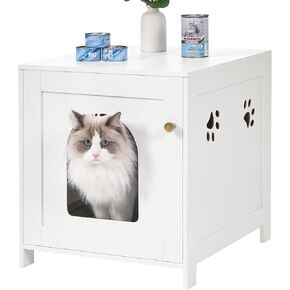 Cat Litter Box Enclosure, 21.6" L Hidden Litter Box Furniture, Wooden Indoor Pet House with Front Arched Door, Side End Table, Nightstand for Living Room, Bedroom, White CB82213X