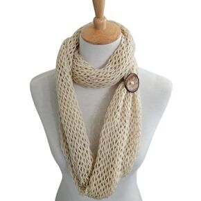 Womens Cream Handmade Infinity Scarf with Unique Coconut Button