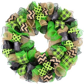 Black Burlap Lime Green Wreath - Halloween Decorations - St Patricks Day Farmhouse Monogram Letter Door Wreath : H4