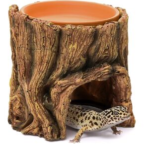 Reptile Hide Cave Resin, Reptile Hideout Cave and Food Tray, Reptile Shelter with Detachable Food Bowl, Reptile Keeper Habitat for Amphibian, Snake, Lizard, Leopard Gecko, Crab, Turtle