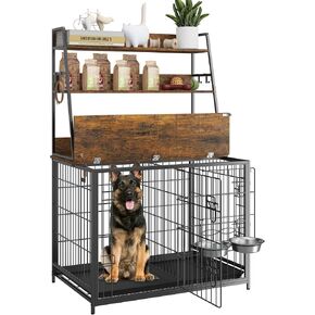 Furniture Style Dog Crate, Indoor Basic Dog Cage with 3-Layer Storage Shelves, Flip-up Top End Table Dog Cage, Dog Kennel Furniture with Adjustable Bowls, 37.4" L x 24.4" W x 57.1" H,Brown
