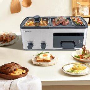 wOod-it 4 in 1 Breakfast Maker Station with Indoor Grill/Griddle/Toast Drawer/Frying Basket, Removable Nonstick Plates, Dual Temperature Control, Off white