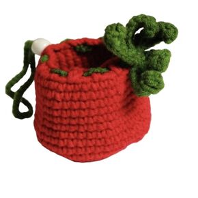 Crochet Handmade Tomato Pouch Drawstring Mini Handbag Handwoven Small Bag Coin Purse Wallet Earbuds Case Key fob lipstick storage Gift for women men girls boys kids