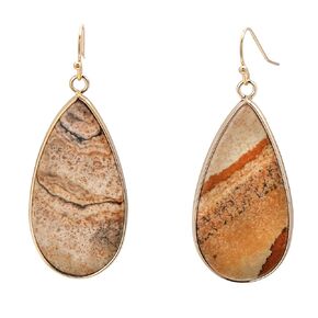 Black White Jasper Teardrop Stone Earrings for Women, Golden Edged Flat Drop Dangle Earrings