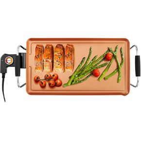 Holstein Housewares 16-Inch Electric Griddle, Healthy-Eco Non-stick Coating and Smokeless, Large Cooking Surface for Making Eggs, Chicken Chops and Ham, Multifunctional, Copper and Black Color