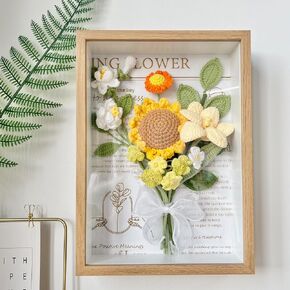 Handmade Crochet Sunflower Tulip Photo Frame, Knitted Artificial Forever Flowers Bouquet Wall Hanging, Gift to Girlfriend Mom Women, Perfect for Home & Office for Wall Decoration, Desktop