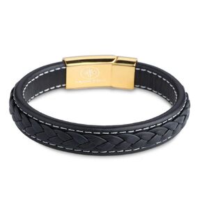 Woven Premium Black Nappa Leather Bracelet for Men - Gold Plated Stainless Steel Clasp - Size Medium - Gift Box Packaging Included - Mens Gifts