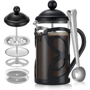 French Press Coffee Maker,304 Grade Stainless Steel & Heat Resistant Borosilicate Glass, (1 Liter,34OZ), Gift Set with Coffee Measuring Spoon & Two Filter Screens, Gold
