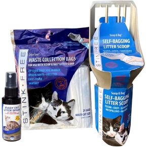Cat Scoop and Bag - Self-Bagging & Poop Scooping Kitty Litter Scoop (with 21 Free Samples of Odor Seal Cat Waste Litter Bags for Poop & Urine & Every Cat Litter Spray) Cleaning Supplies