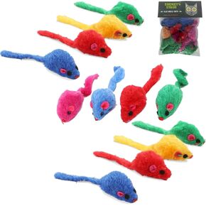 Smokey's Stash Faux Fur Cat Mice Toy 12 Per Pack Multi Color Realistic Small Mouse with Rattle and Catnip Safe for Adult Cats and Kittens 5.5 inches Long