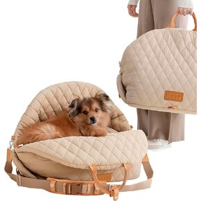 Dog Car Seat 3-in-1 Pet Carrier and Small Dog 0-18lbs Bed with Puppy Pillow, Storage Pocket, Clip-On Safety Leash, Waterproof Dog Bed, Two Portable Handle, Dog Shoulder Carrier, Beige