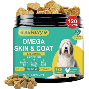 Skin and Coat Chews for Dogs - Omega 3 Supplement for Dogs with EPA & DHA Fatty Acids- Fish Oil Chews for Dogs with Salmon Oil & Vitamins - Dog Itchy, Dry & Shedding Skin Relief- Chicken, 120 Chews