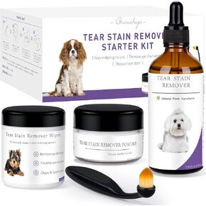 Dog Tear Stain Remover Starter Kit, with Witch Hazel Extract, Remove Tear Stains, Discharge & Mucus, includes Stain Solution, Applicator Wipes, Stain Powder & Brush, Lasts 30-45 Days