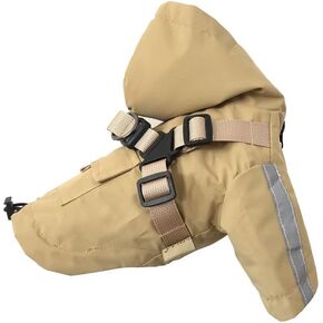 HDKUW Small Dog Harness Raincoat, Hooded Waterproof Rain Jacket with Harness, Adjustable Reflective Coat for Puppy Small Dog Boy Girl Beige S