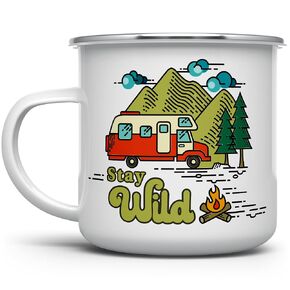 Stay Wild Retro Camper Coffee Mug, Nature Wanderlust Adventure Campfire Cup, Mountain Hiking Forest Camping Lover Gift (12oz)
