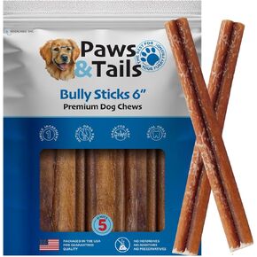 PAWS&TAILS All Natural Premium Bully Sticks for Dogs – Premium Odor-Free Beef Chews, High-Protein, Fully Digestible Dental Treats, Packaged in USA, Suitable for All Breeds. (6 Inch, 10 Sticks)