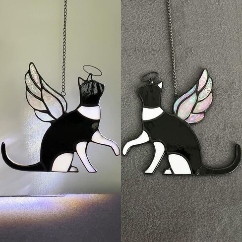 Cat Stained Glass Memorial Gifts for Loss of Cat, Holographic Angel Cat Died Sympathy Remembrance Gift for Window Hanging in Saudi Arabia