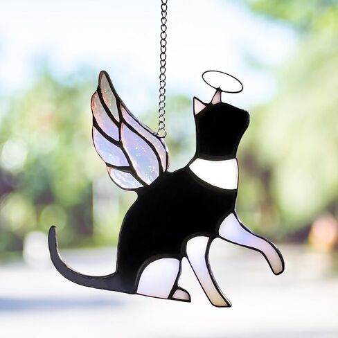 Cat Stained Glass Memorial Gifts for Loss of Cat, Holographic Angel Cat Died Sympathy Remembrance Gift for Window Hanging in Saudi Arabia